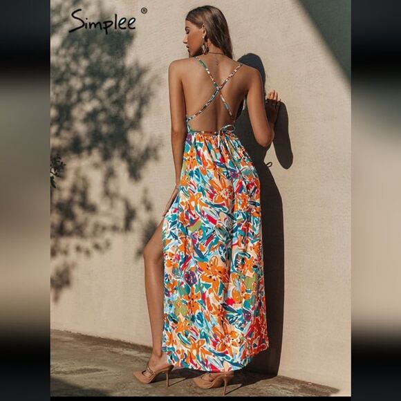 Simplee floral tropical dress‎ open back front slit Large - Picture 3 of 9